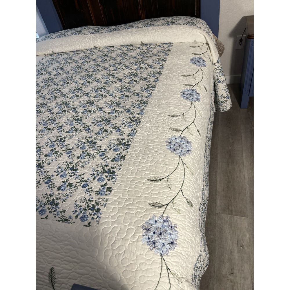 Beatrice Home Embroidered Blue Carnation Queen Quilted Bedspread Cottagecore - Picture 5 of 9